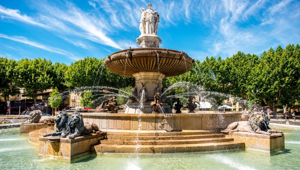 View of an elaborate French water fountain