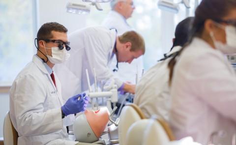 A dental student works on a patient simulator