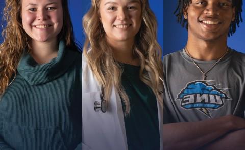 Three UNE students pose against blue backgrounds