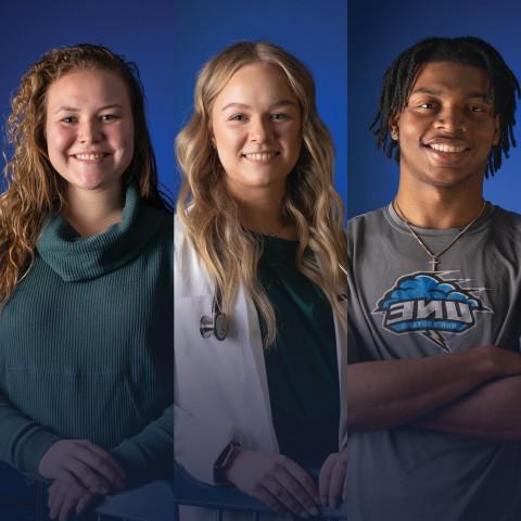 Three UNE students pose against blue backgrounds